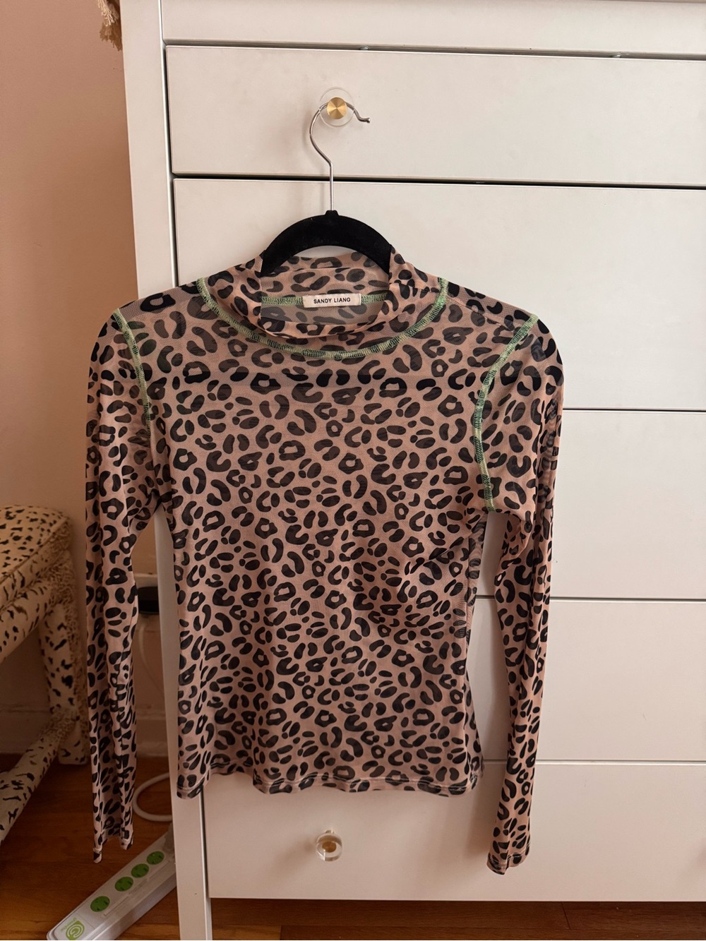 Sandy Liang Leopard Print Sheer Mesh Long Sleeve Top Size 6